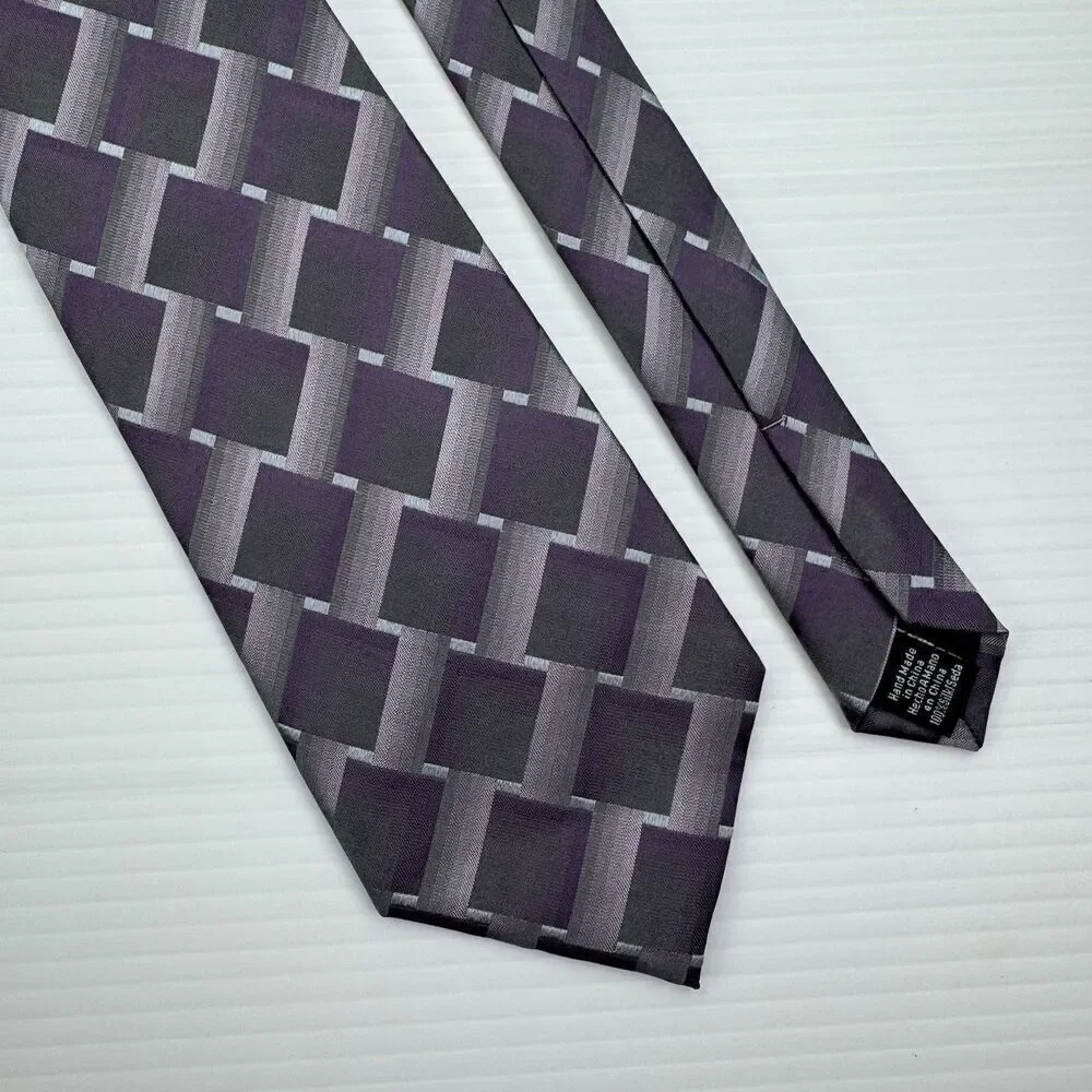 Van Heusen Tie Purple Gray Squares Pattern Mens Necktie 100% Silk